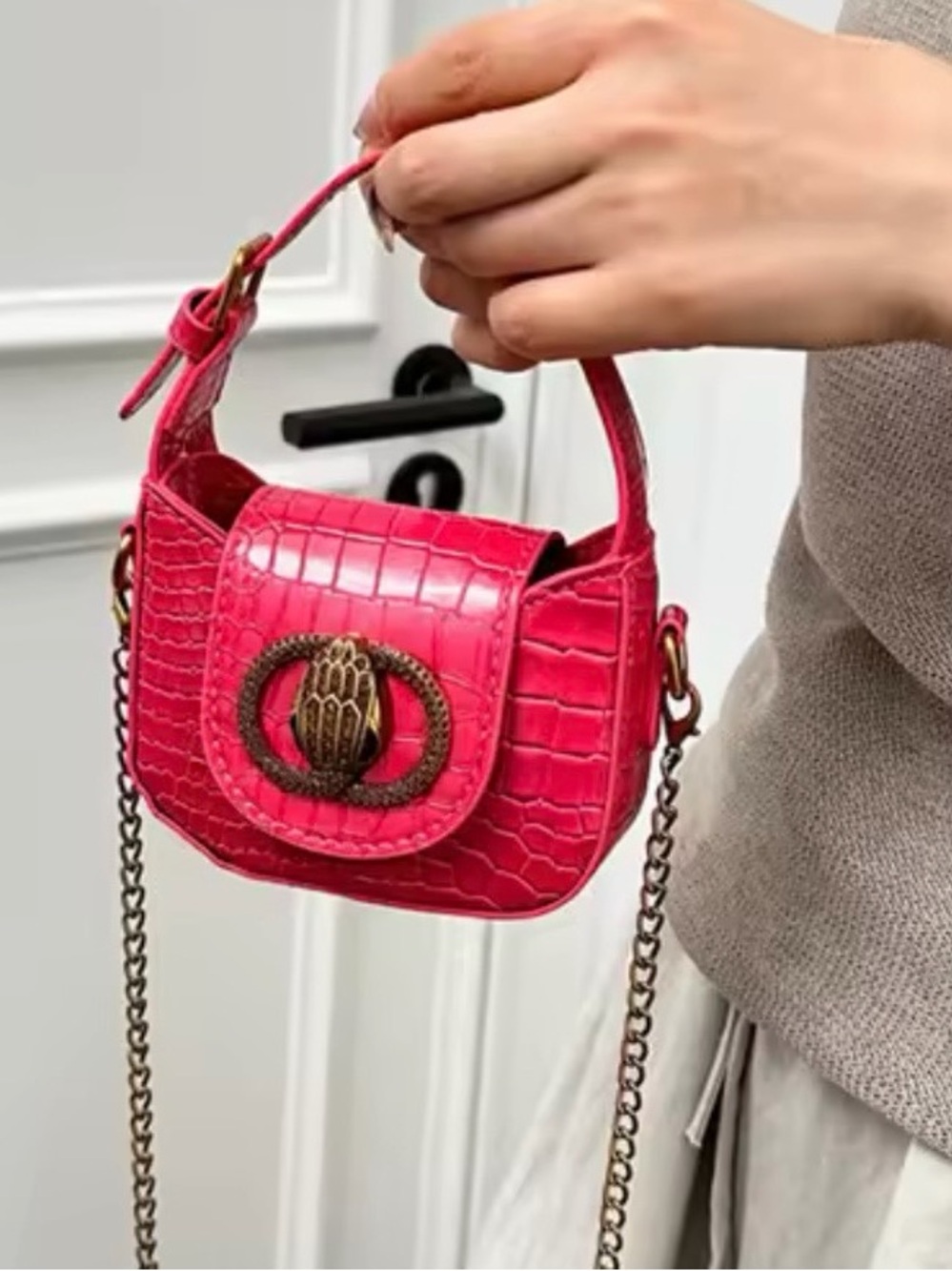 Hot Pink Croc-Embossed Mini Shoulder Bag with Gold Chain 5.5inch by 4inch - Picture 9 of 11